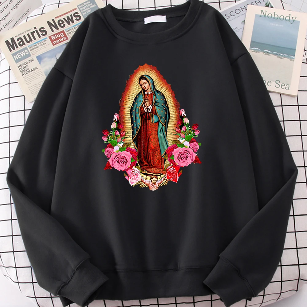 Virgin Mary of Guadalupe Print Hoodie Men Autumn New Fleece Soft Man Sweatshirt Vintage Manga Hip Hop Tracksuit Male