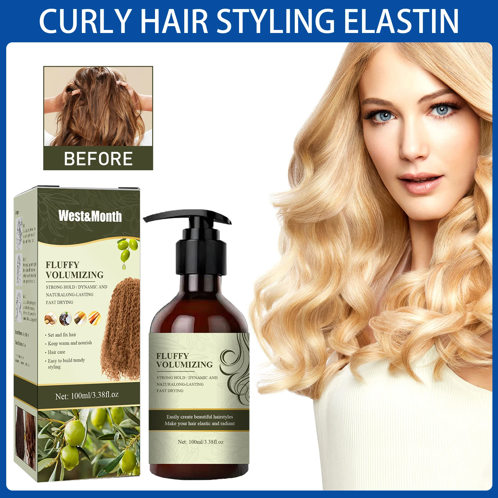 100ml Curly Elastin Volume Styling Moisturizing Anti-Frizz Repairing Olive Oil Styling Gel Cream for Curly Wavy Hair Products