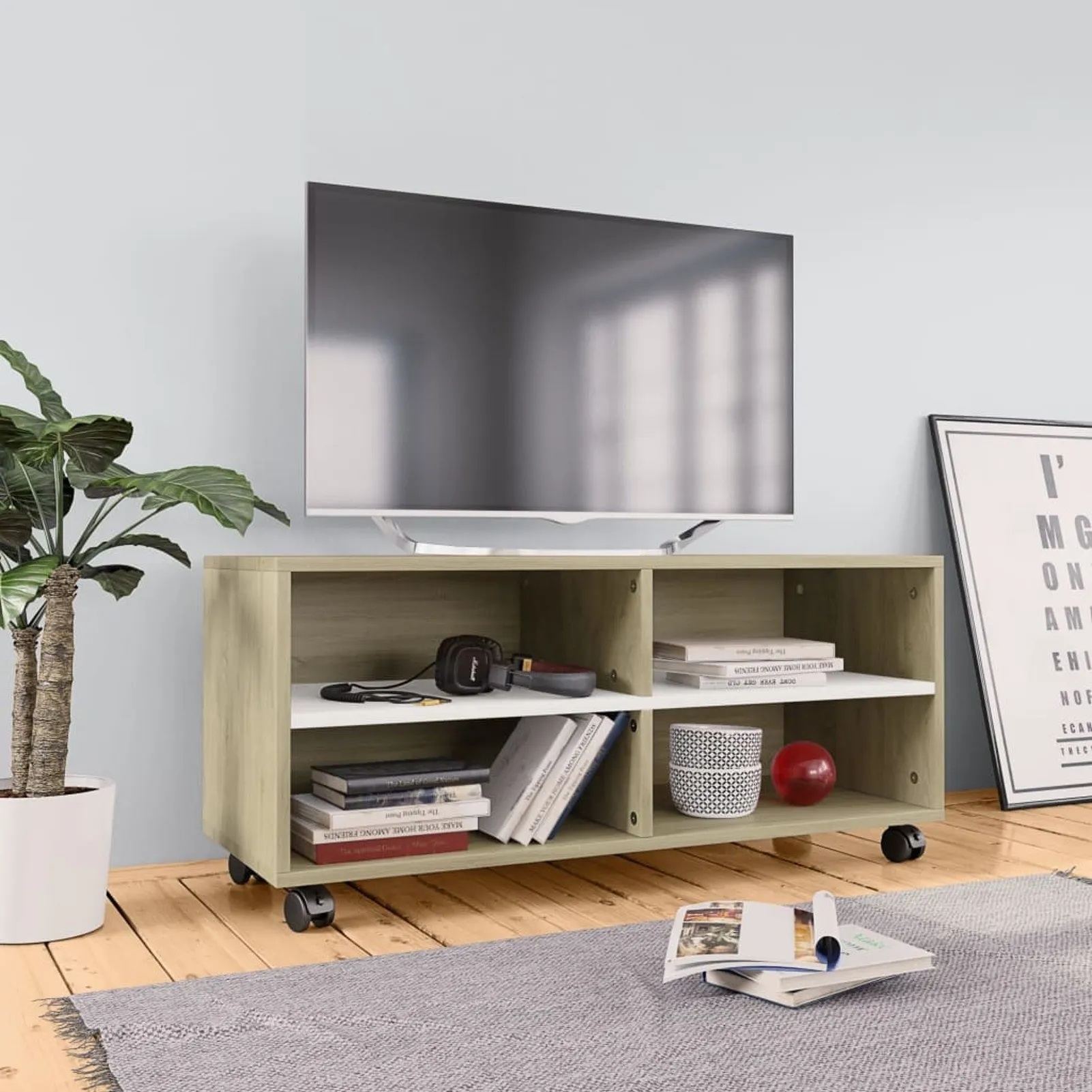 

TV Cabinet with Castors White and Sonoma Oak 35.4"x13.8"x13.8" Chipboard