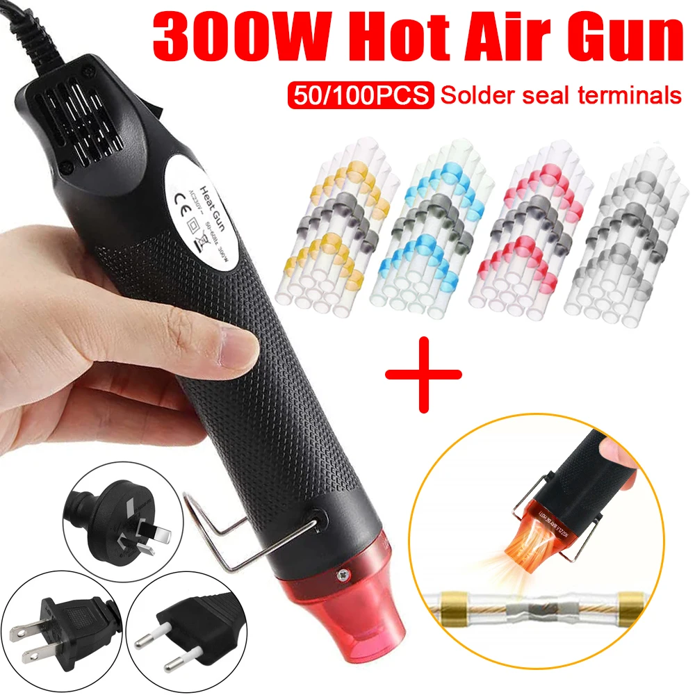 Купи 300W Hot Air Heat Gun Electric Power Blower for DIY Shrink Tubing Soldering Wrap Plastic Rubber Stamp with 50/100PCS Solder seal за 723 рублей в магазине AliExpress