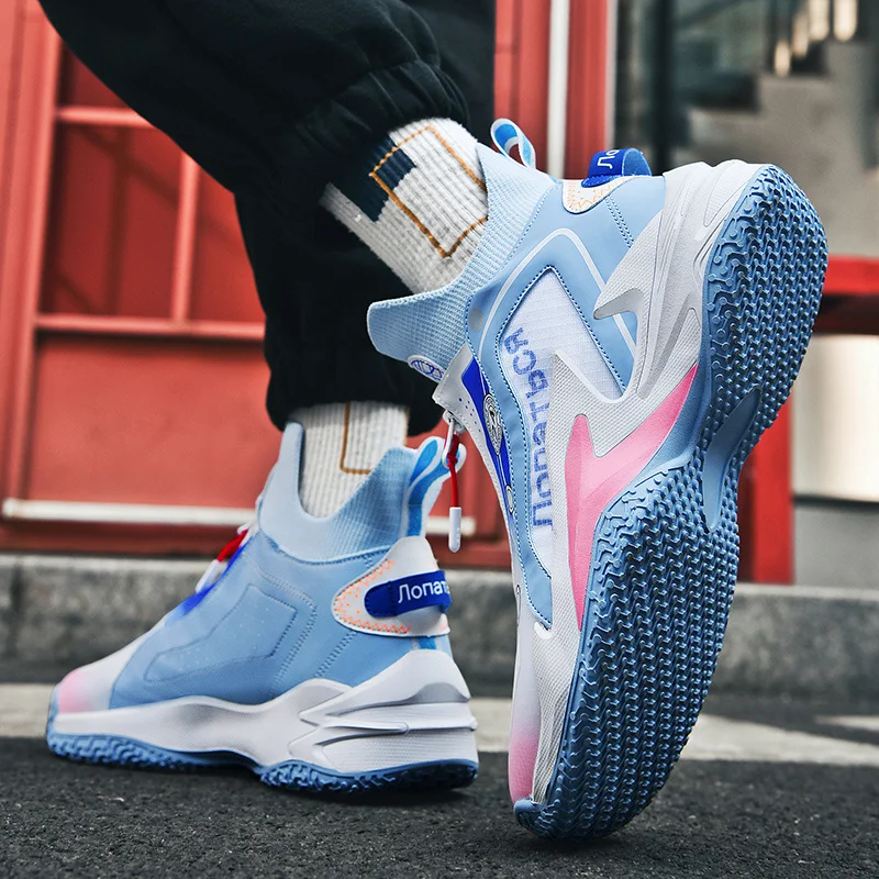 Size 36-45 Spring Blue Sock Men's Basketball Sneakers Chunky Professional Training Shoes Women High Zip Sport Shoes Man basket