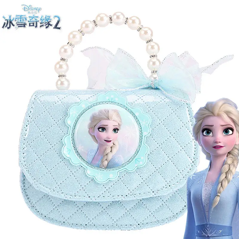 Disney Elsa Princess New PU Children's Cartoon Anime Sweet Messenger Bag Going Out Portable Elegant Pearl Bow Ribbon Handbag
