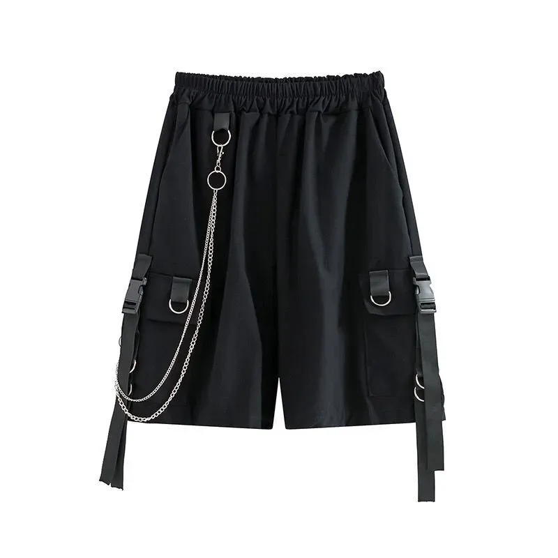 Emo Cargo Shorts Women Summer Beach Shorts with Chain Black Hip Hop Streetwear Casual Female Sportswear Alt Pants Aesthetic