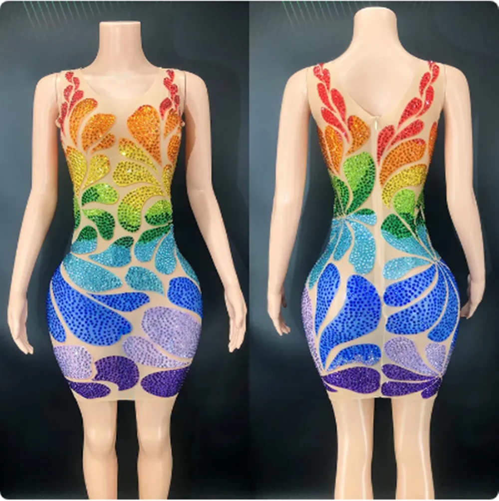 Женское красочное платье со стразами эластичное вечернее на день рождения