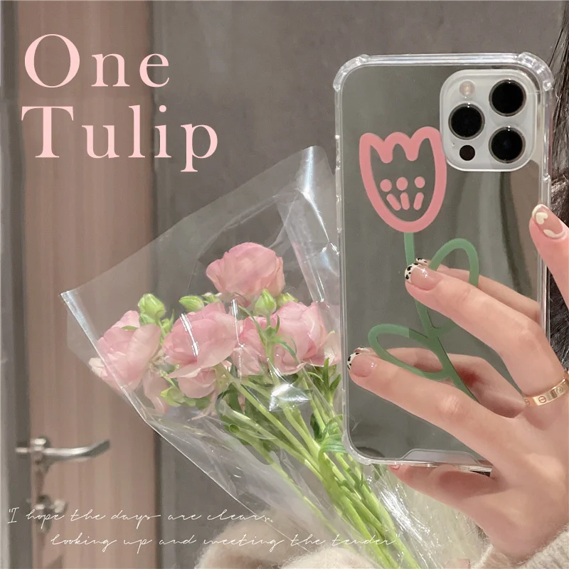 

One Tulip Curve Black Flower Green Wave Mirror Fashion Painted For iphone 11 12 13 Pro Max XR Xs Max 7 8 Plus Phone Case