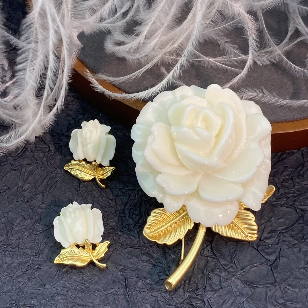 

vintage Jelly Glaze Carved Fashion Exquisite luxury Flower brooch Earrings jewelry for Women