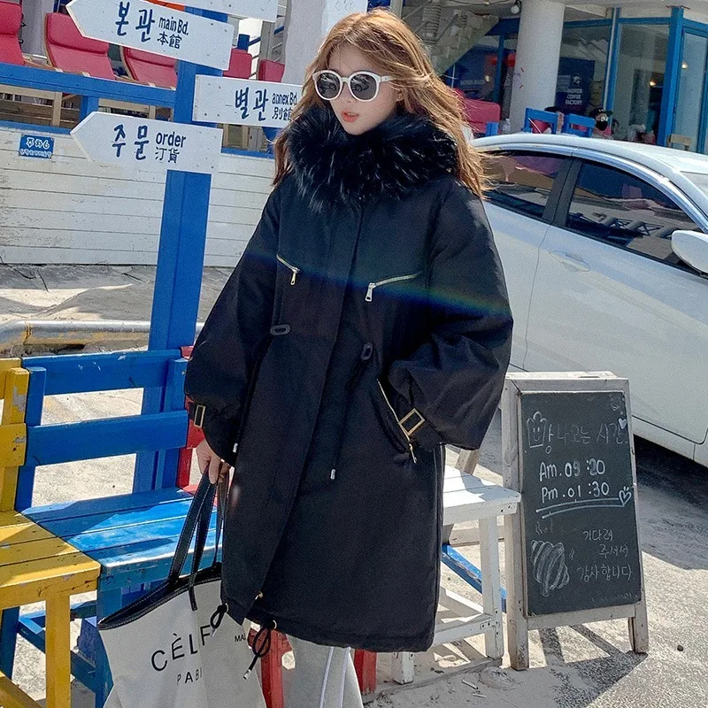 Fashion Thick Mid-length Parka Coat Jacket Ladies Thick Hooded Winter Warm Space Cotton Jacket Ladies Solid Color Lace Zipper