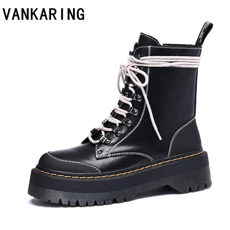 

real leather elegant cozy ladies ankle boots fashion lace-up autumn winter thick platform women's wedges outdoor shoes woman