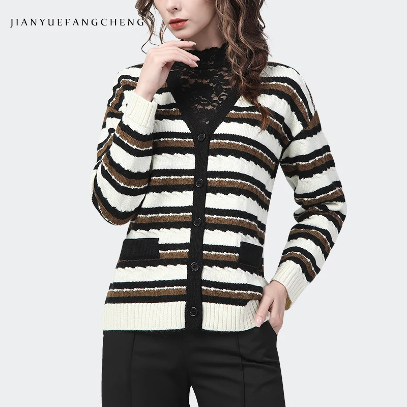 Fashion Black-Brown-White Striped Women Wool Sweater Loose Casual V-Neck Knitted Cardigans Warm Outwear Autumn Winter Clothing