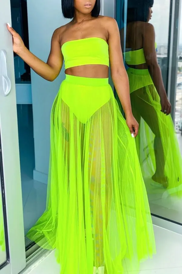 

New Three Pieces Swimsuits Women'S Bandeau Bikinis Set Female High Waist Bathing Suit+Mesh Maxi Skirts Cover Up Sexy Solid Color