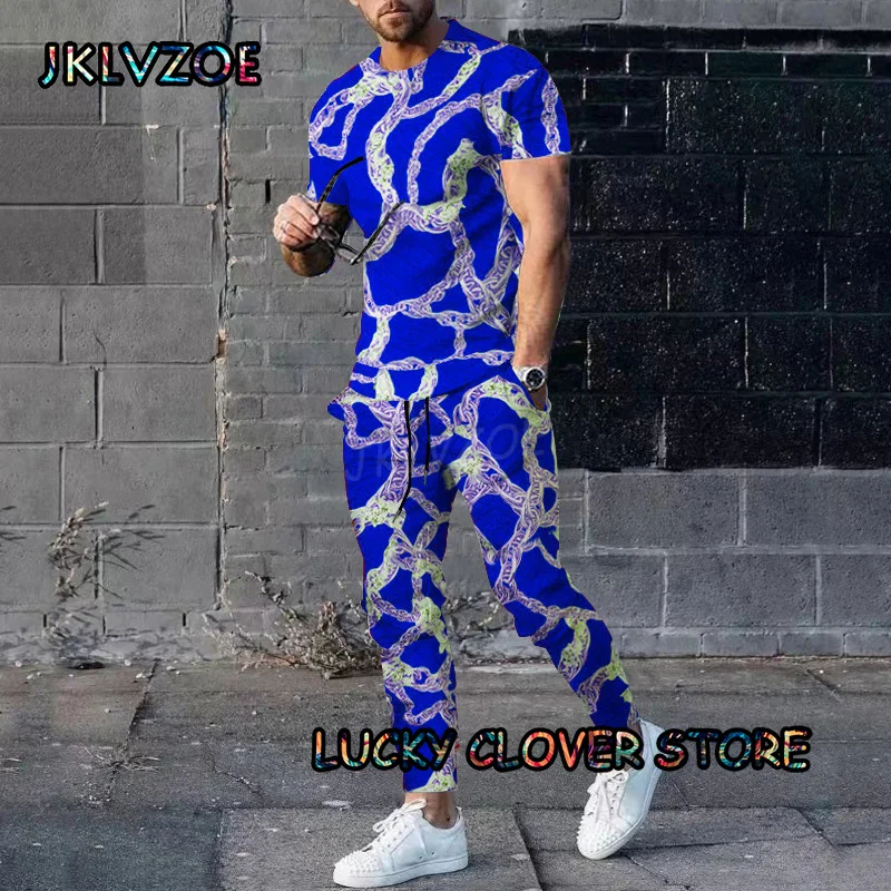 Men Multicolour Tracksuit Print Short Sleeve T shirts+Pants 2 Piece Set Man Outfit Summer Trousers Golden Chain Clothing Suit