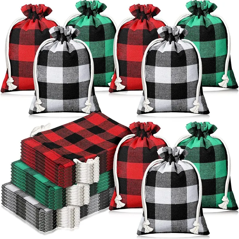 

45Pcs Christmas Plaid Candy Bag Buffalo Plaid Burlap Bags Party Favor Drawstring Bags Xmas Wrapping For Candy Present