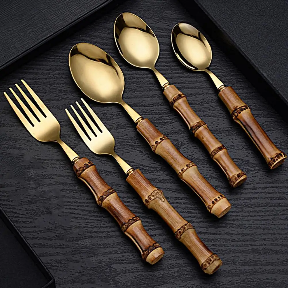 Ложка для супа вилка стейка бамбуковая ручка мяса резак десертные ложки посуда