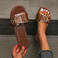 metal buckle slippers womens fashion crocodile print flat slippers 2022 ladies summer beach shoes size 35 42 zapatos de mujer