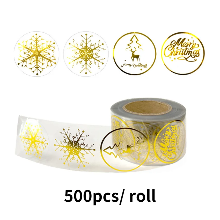 

1.5inch Clear Gold Foil Snowflake Christmas Stickers 500pc Holiday Xmas Tree Label for Envelope Cards Gift flower bouquets Decor