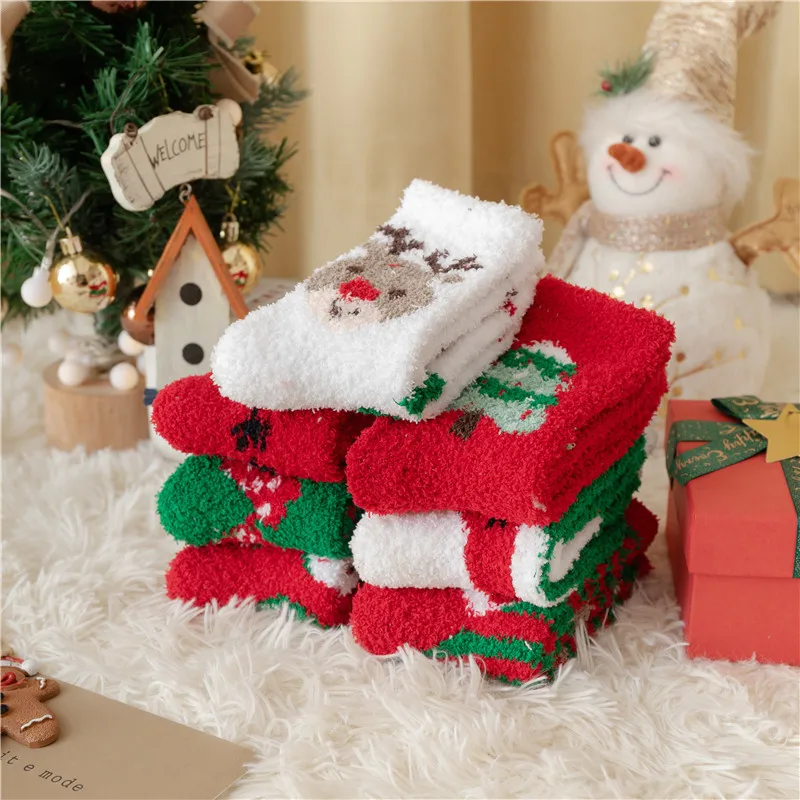 Winter New Korean Coral Fleece Floor Half Fleece Women's Striped Christmas Tree Socks