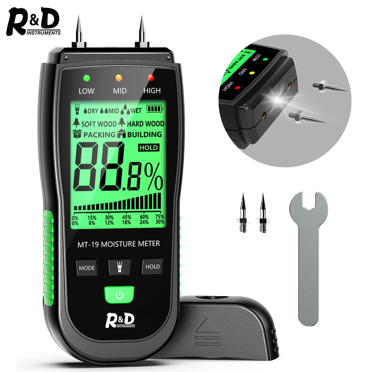 

R&D MT-19 Wood Moisture Meter Digital Humidity Meters Wall Hygrometer Timber Damp Detector Building Humidity Tester Carton