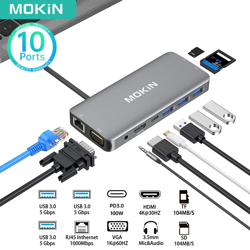 

MOKiN 10 IN 1 USB C Hub Multiport Adapter 4K30hz HDMI PD100W VGA/RJ45 Docking Station for Macbook Pro IPad Computer Accessories
