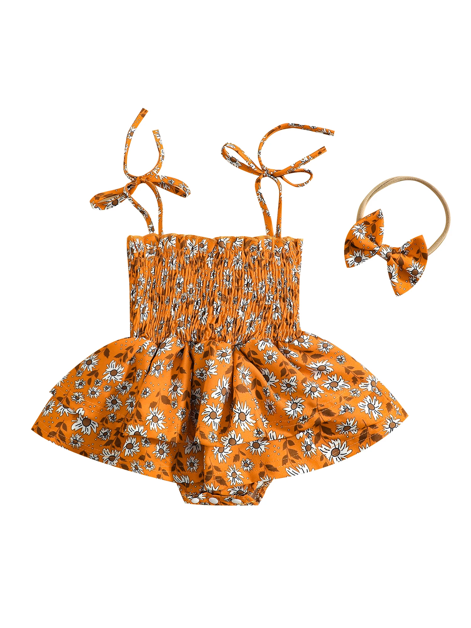 

Infant Baby Girl Spaghetti Strap Floral Print Romper Tutu Skirt Romper Bodysuit and Headband Outfits