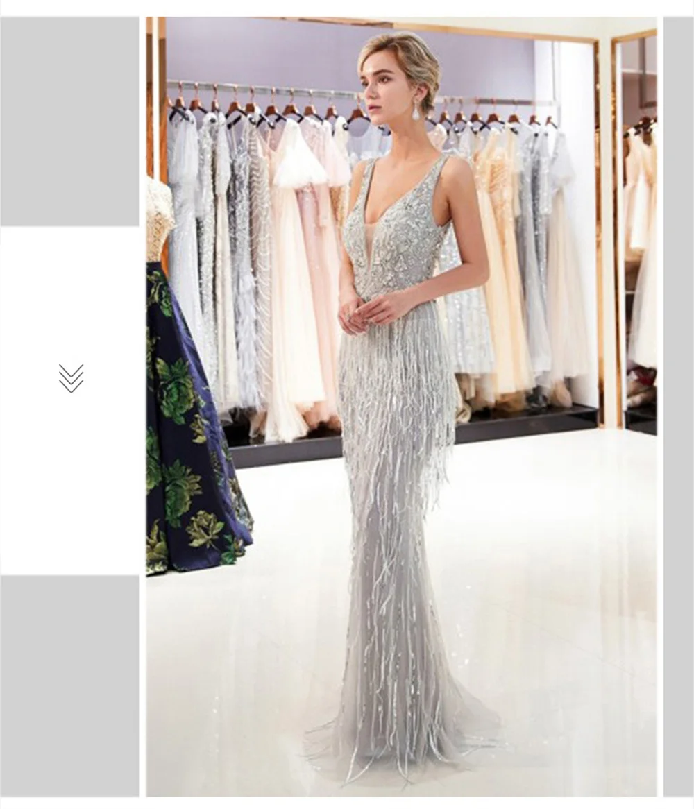 2022 Women Elegant Gown Sexy Shiny Sequins Tassel Deep V-neck Spaghetti Sleeveless Backless Bodycon Fashion Evening Dresses