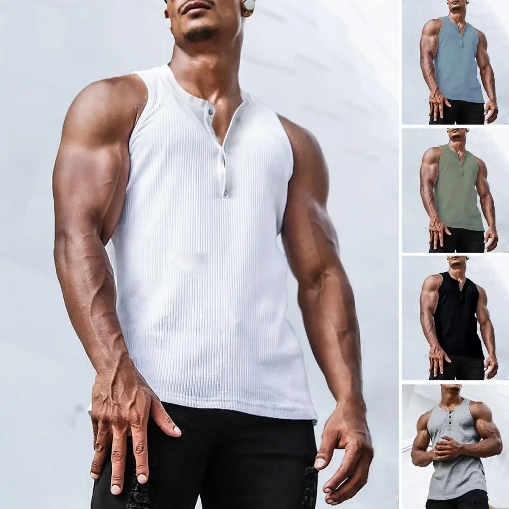 

O-Neck Sleeveless Buttons Men Vest Slim Fit Half Placket Ribbed Vest Tops Solid Color Sweat Absorbing Fitness Top Streetwear