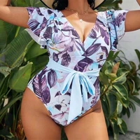 plus size bikini ruffles one piece swimsuit women sexy deep v neck floral print bikini swimwear beachwear tankini