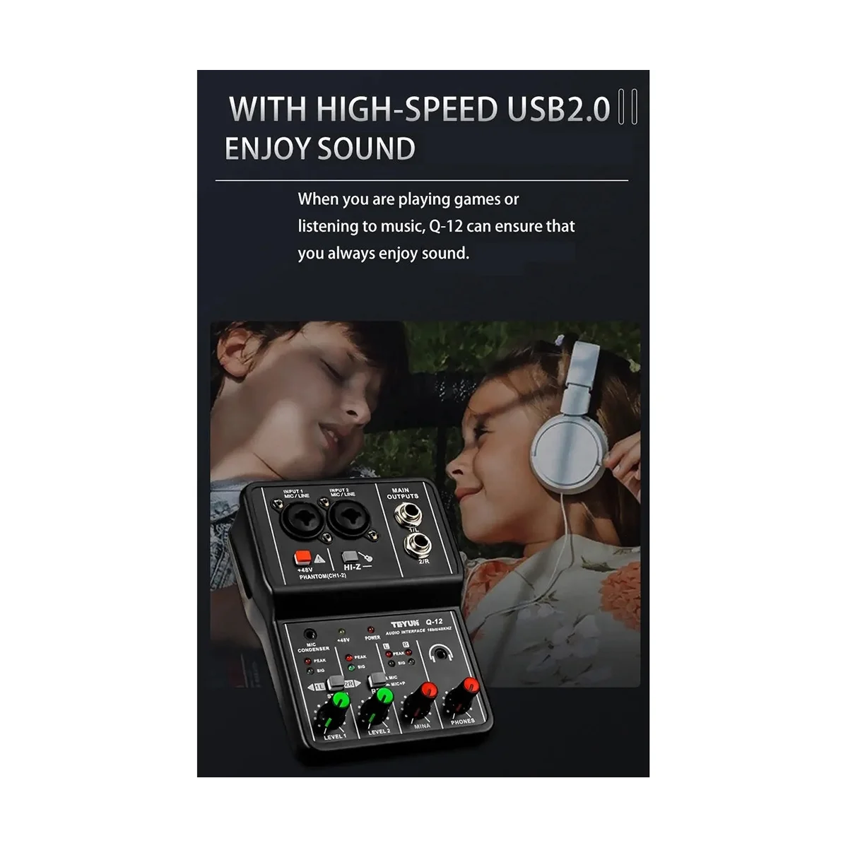 

TEYUN Q12 Computer Recording Sound Card 2-Channel Mono 16Bit/48KHZ Recording Special Mixer USB Drive-Free Sound Card 48V