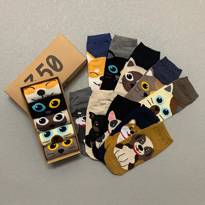 5 Pairs/Box Kawaii Cat Dog Short Socks Cotton Harajuku Summer Pack Soft Fashion Japanese Funny Ankle Gifts for Men Women Socks