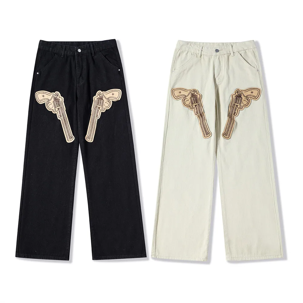 Vintage Embroidered Double Gun Loose Denim Jeans Mens Oversized Goth Punk Rock Fashion Straight Through Wide Leg Casual Pants