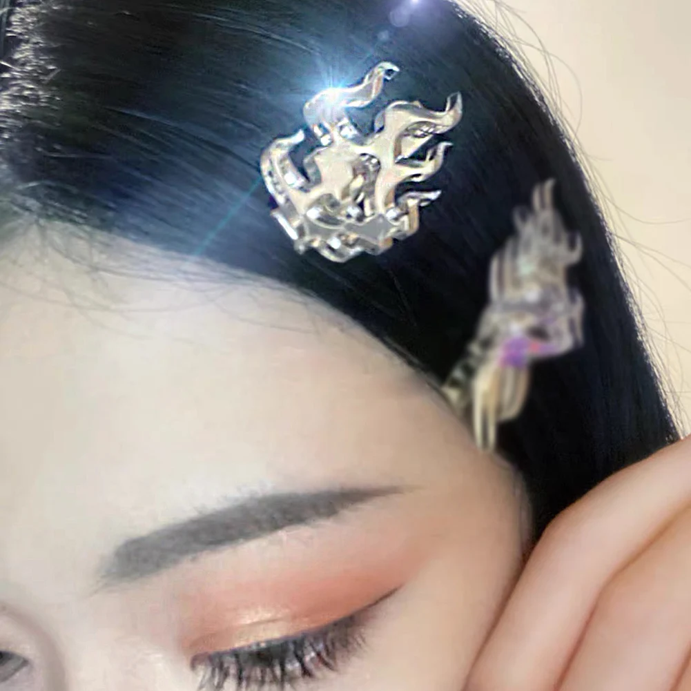 

Hip Hop Metal Flame Hairpins Korean Trendy Cool Girls Side Clip Women Geometric Unique Design Silver Color Mirror Brarrettes