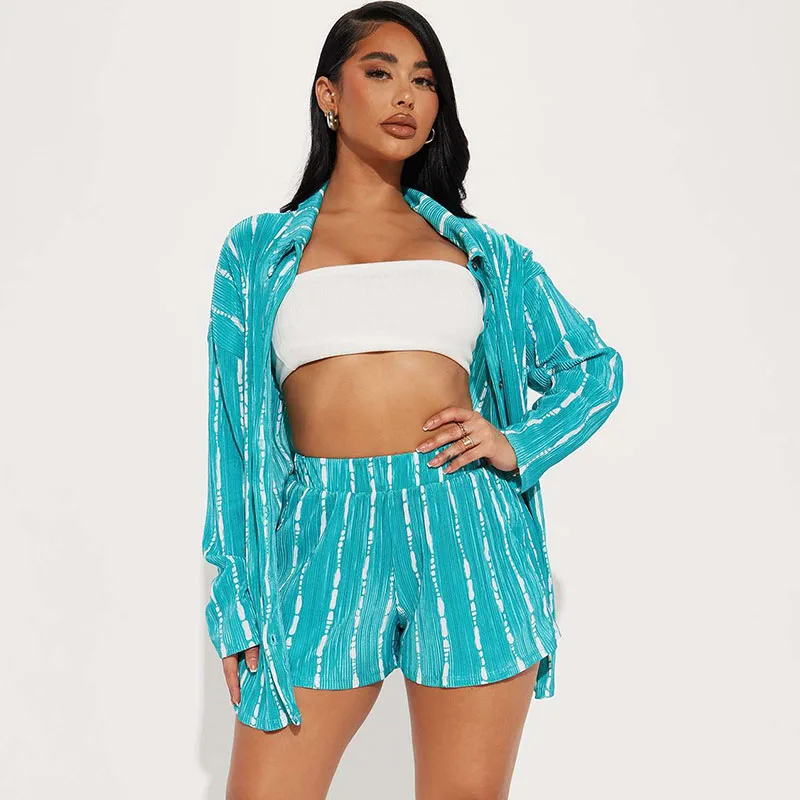 

Streetwear Striped Casual Two Piece Set Women Long Sleeve Shirt Tops and Shorts Matching Sets Holiday Vacation Outfits Tracksuit