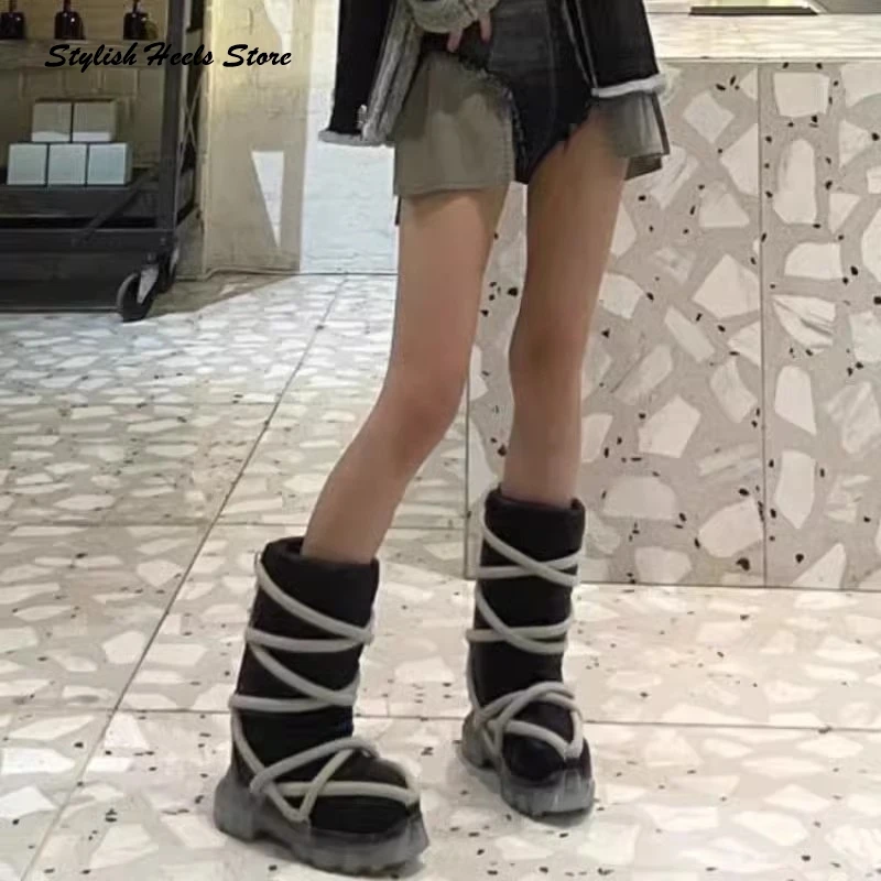 Стильные сапоги до середины икры на толстой подошве со шнуровкой для женщин