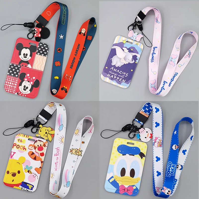 

Disney Mickey Mouse Cute Card Holder Girl Anime Lanyard Student Meal Card Cover Winnie Pvc Document Case Boy Keychain Kids Gift