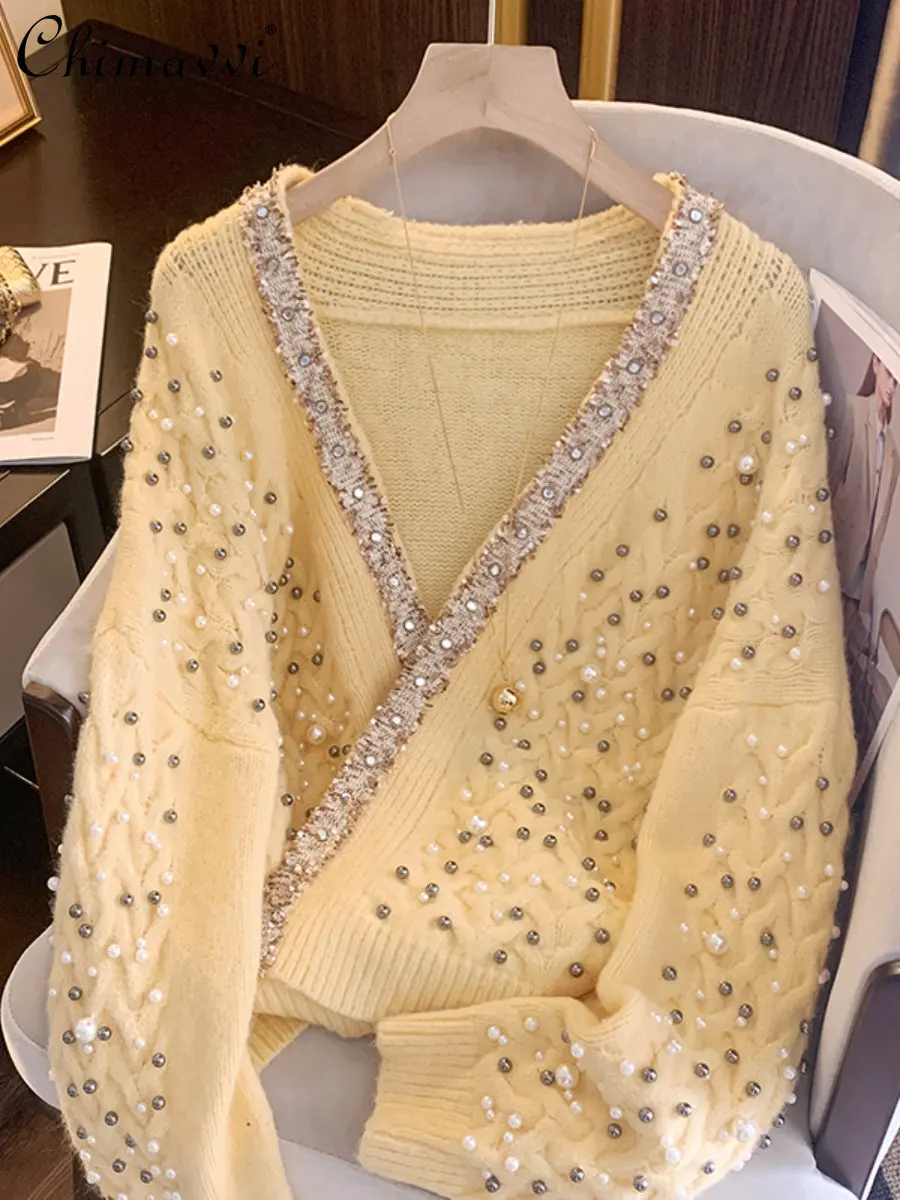 

Fashion Design Heavy Industry Bright Silk Beaded Sweater Coat for Women Autumn New Sweet Loose Elegant Lazy Knitted Cardigan