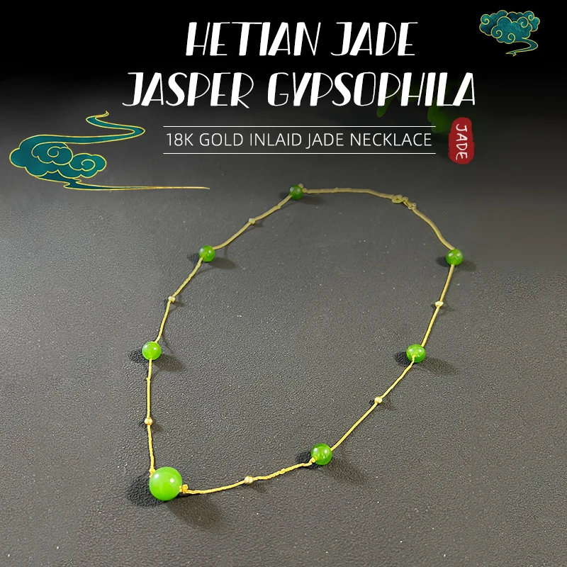 

Natural Hetian Jade Jasper Gypsophila 18k Gold Inlaid Jade Ladies Necklace Handmade Temperament Bone Chain Pendant High Jewelry