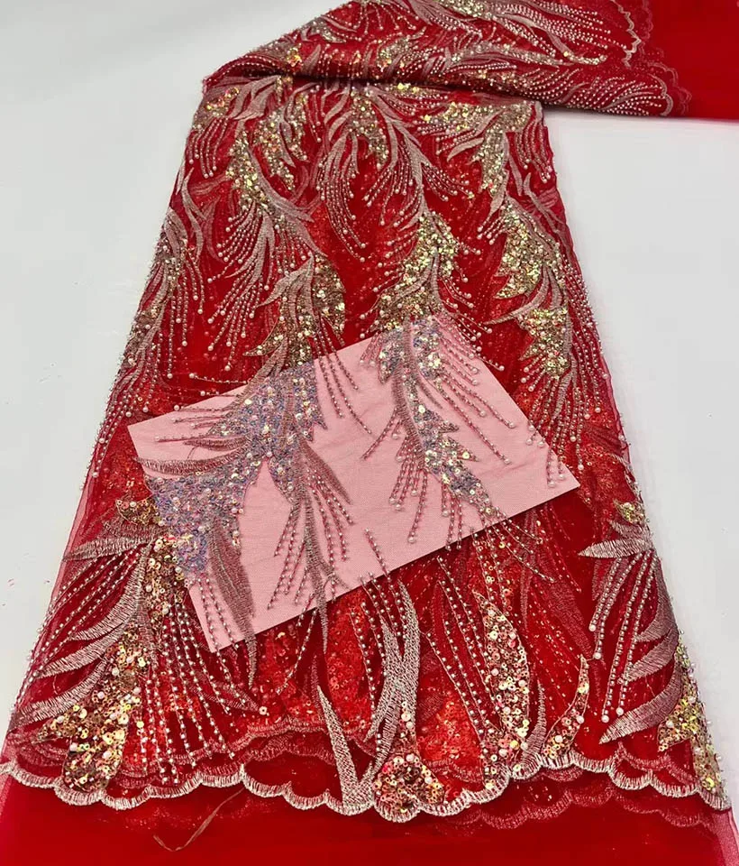 

Африканская кружевная ткань с блестками 5 ярдов/шт., Высококачественная вышитая французская сетчатая кружевная ткань, нигерийская кружевна...