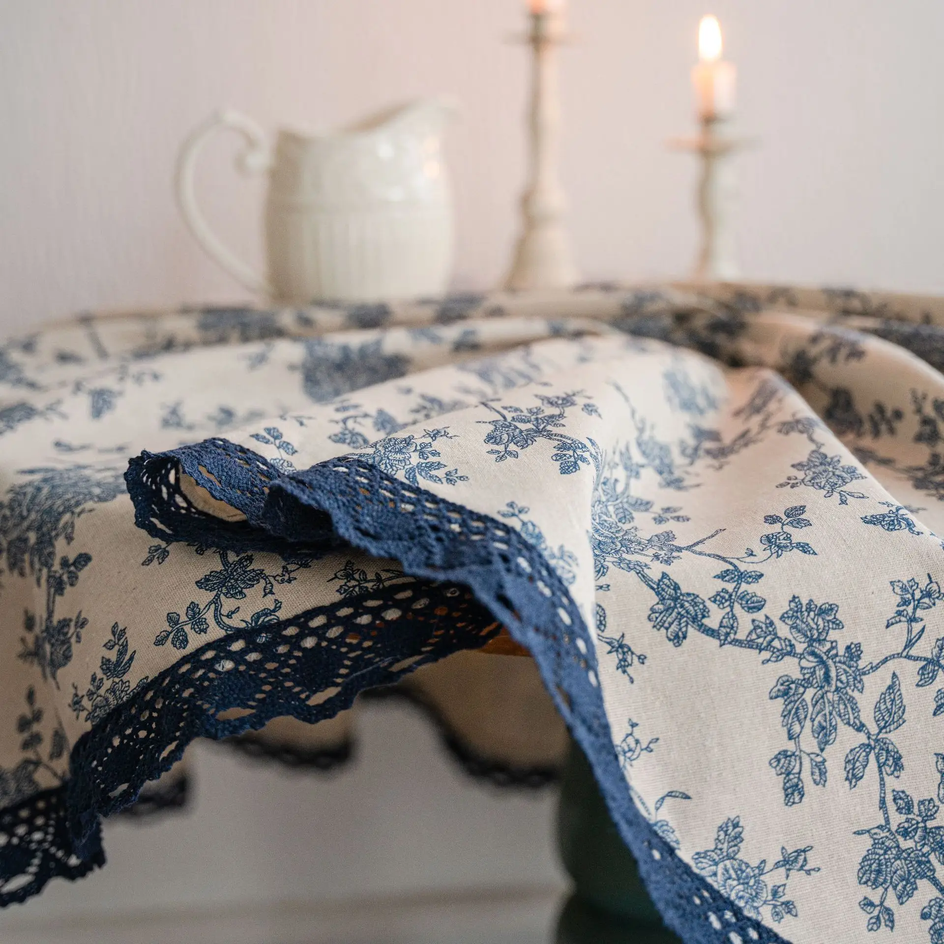 Blue Rose Printed Tablecloth Table Cloth Pastoral Cotton Linen Retro Round Cover for Dining Party Home Decoration |