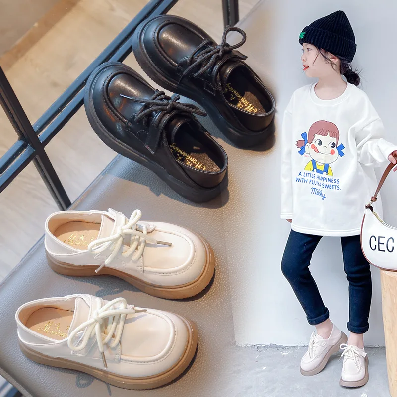 

Spring New Children's Solid Color Lace Up Front Leather Girls Dance Show Soft Sole Princess Shoes