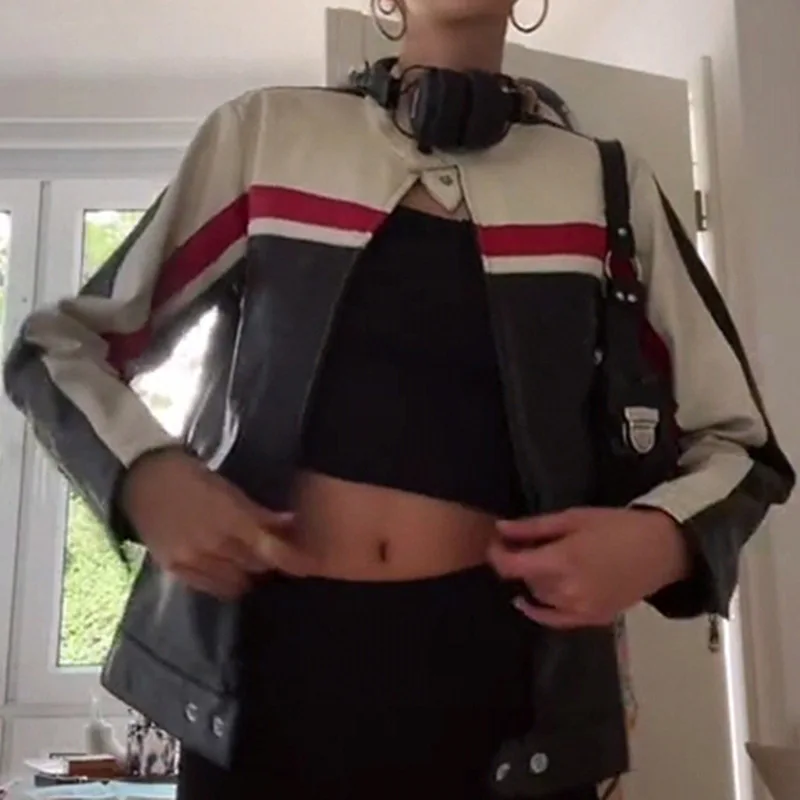 

Модная куртка в стиле пэчворк из кожи, толстовки оверсайз, топы, рубашки из искусственной кожи, крутые готические толстовки для девочек