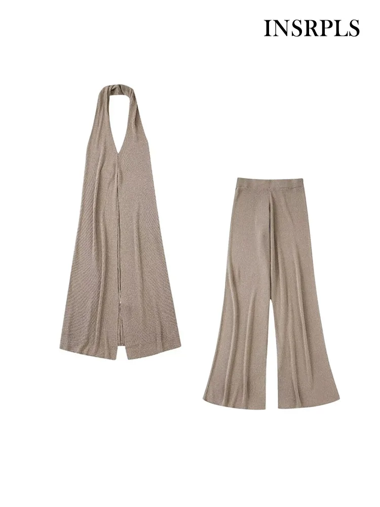 

INSRPLS Women Fashion Front Slit Metallic Thread Knit Halter Sweater And High Elastic Waist Wide Leg Pants Female Sets Mujer