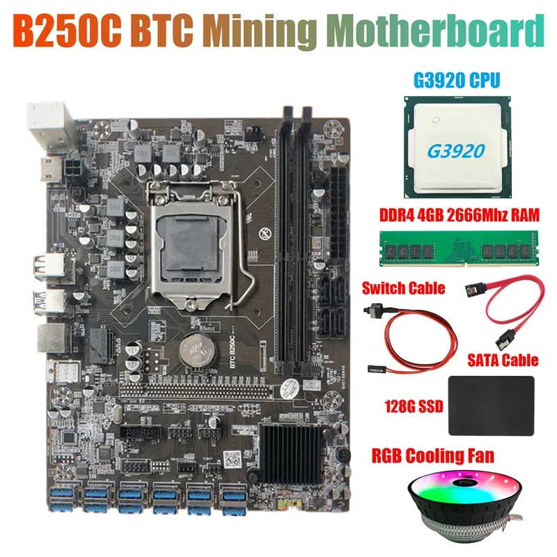 

Материнская плата B250C для майнинга + процессор G3920 + вентилятор RGB + DDR4 4 ГБ ОЗУ + SSD 128 ГБ + кабель переключателя + кабель SATA 12XPCIE в ГПУ слот для кар...