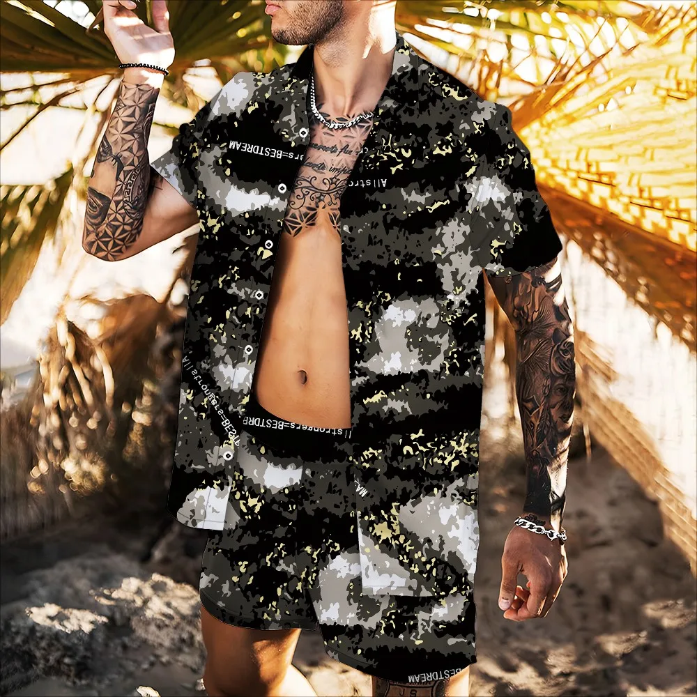 

Summer New Men's Shirts + Shorts 2-piece Hawaii Casual Printed Letter Clothes Slim Beach Clothes Short-sleeved Shirts Large Size