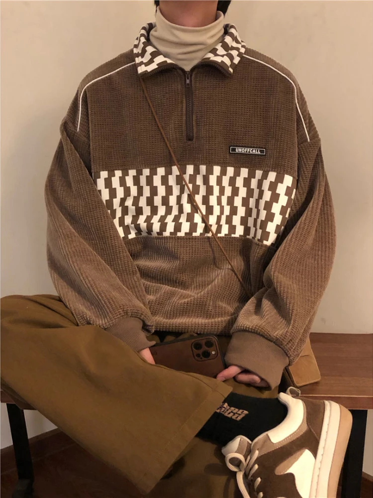 

Vintage Polo Collar Checkerboard Stitching Men's Women's Sweatshirts Khaki Long Sleeve Pullover High Street Unisex Fashion Goth