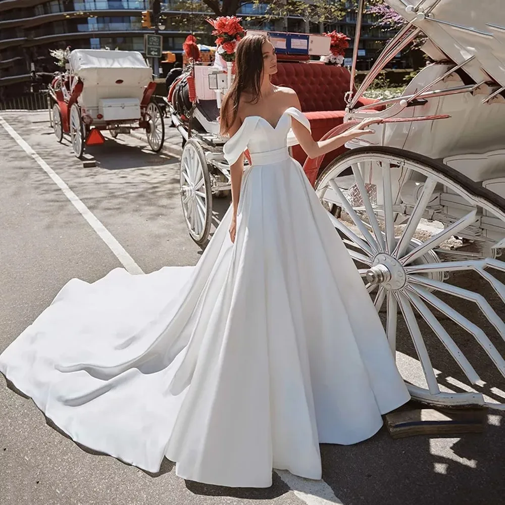 

Modern Simple A Line Wedding Dresses Off The Shoulder Boho Bride Elegant Satin Wedding Party Gowns