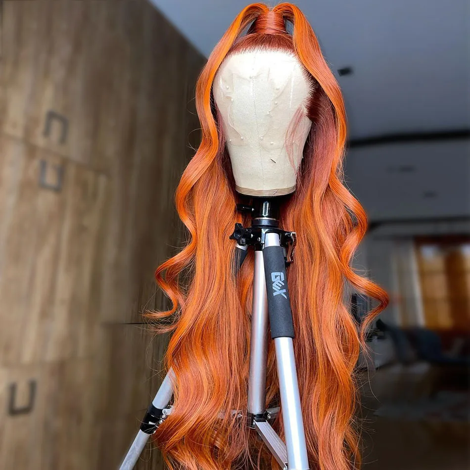 

26Inch Long Ginger Orange Body Wave Preplucked Soft 180Density Natural Hairline Glueless Lace Front Wig For Black Women Babyhair