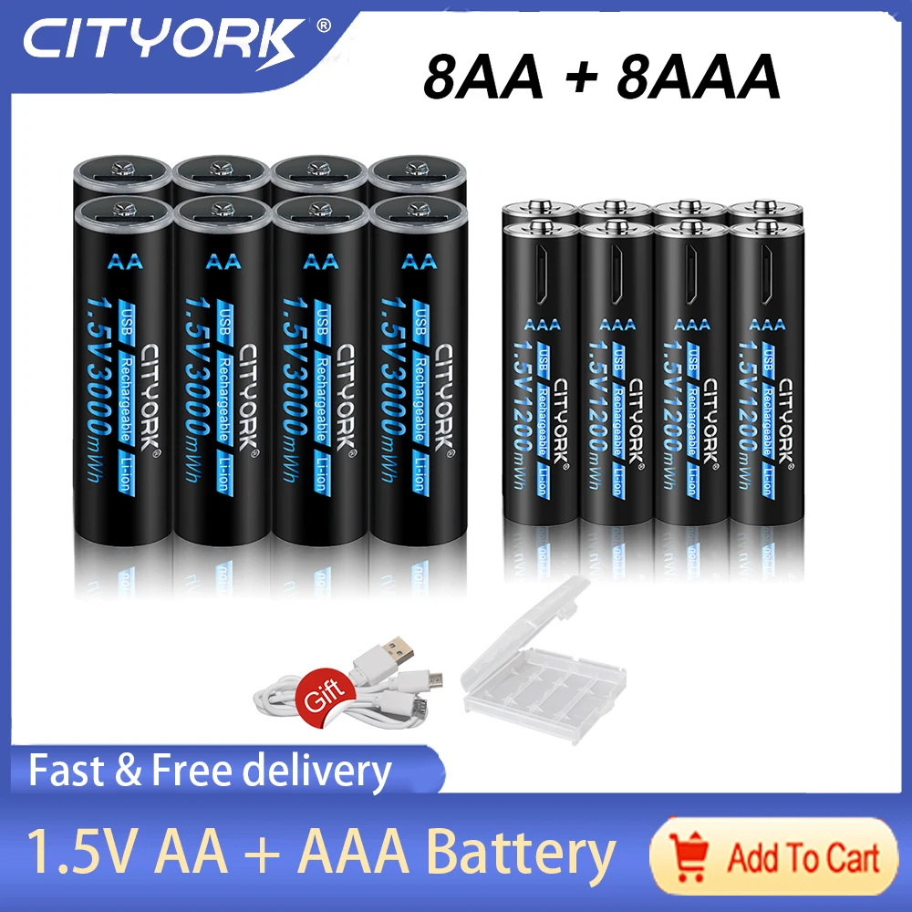 

High capacity AA + AAA USB Rechargeable battery 1.5V AA 3000 mWh AAA 1200 mWh li-ion battery for Remote control wireless mouse