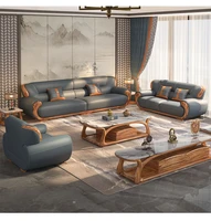 new chinese black gold wood leather solid wood sofa modern simple villa living room large family furniture