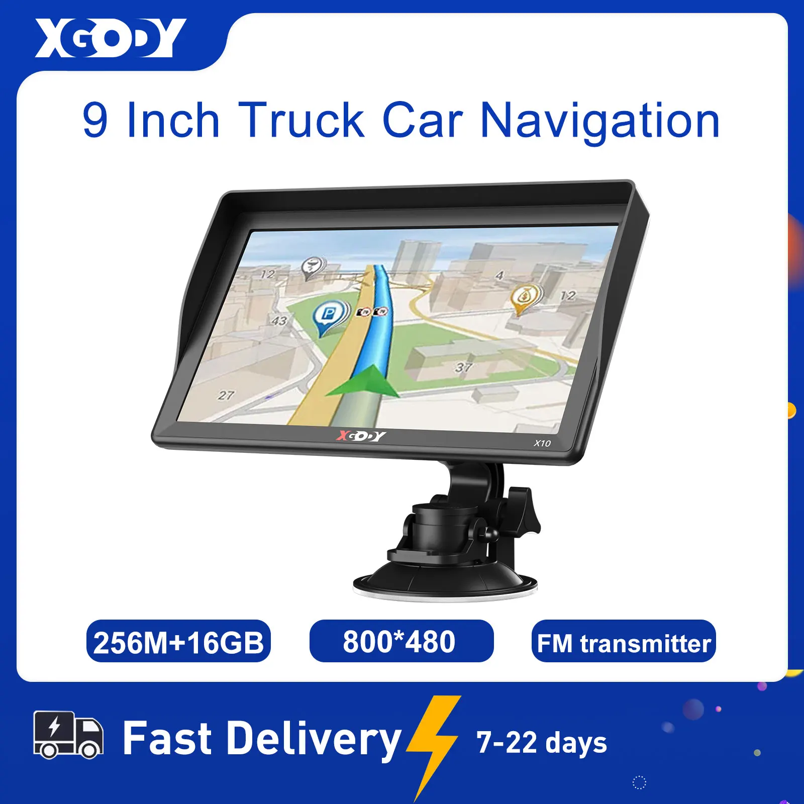 Фото XGODY X10 Навигационный автомобиль GPS 9 дюймов Грузовой автомобиль 256 м + 16 ГБ 9 дюймов Емкостный экран Навигатор Обновление карты Бесплатный FM-передатчик типа C №1