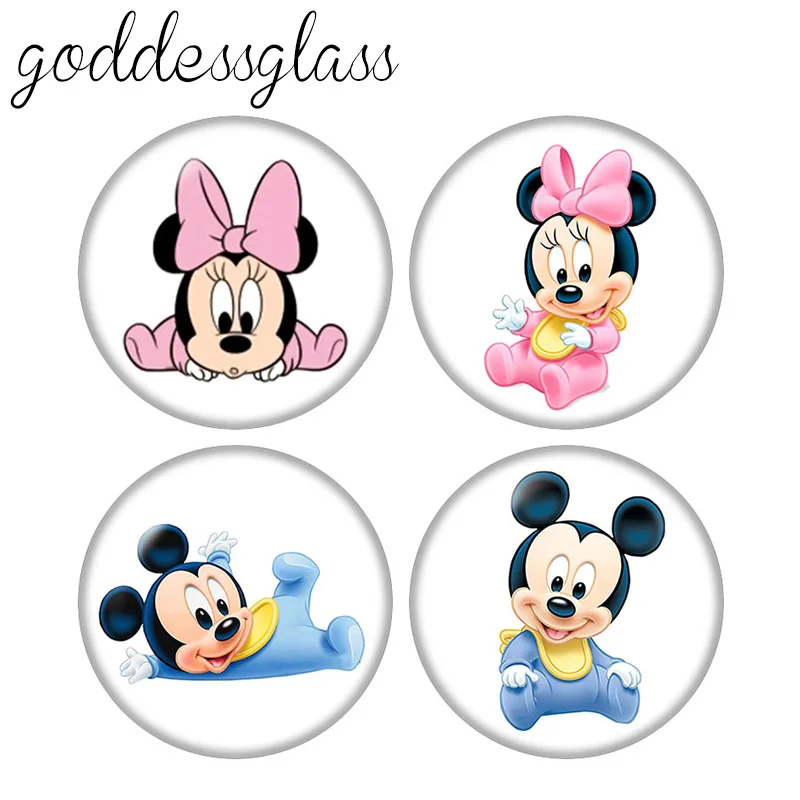 Disney Cute Babe Baby Mickey Minnie Kids 10pcs 12mm/18mm/20mm/25mm Round photo glass cabochon flat back Necklace Making findings