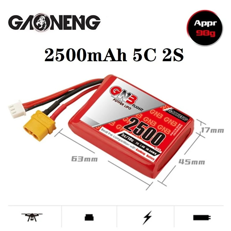 

GAONENG GNB 7.4V 2S 2500mAh 5C/10C Lipo Battery For Radiomaster TX12 Transmitter Remote Control RC Parts With XT60 Plug